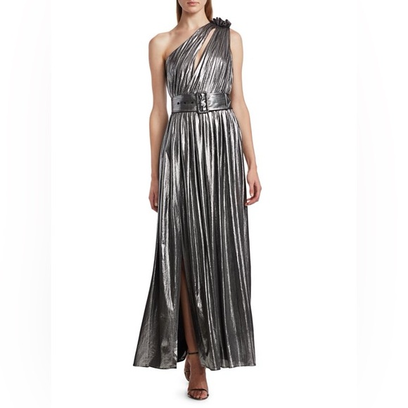 RETROFÊTE Andrea Belted One-Shoulder Metallic Maxi Dress Medium - Picture 2 of 6